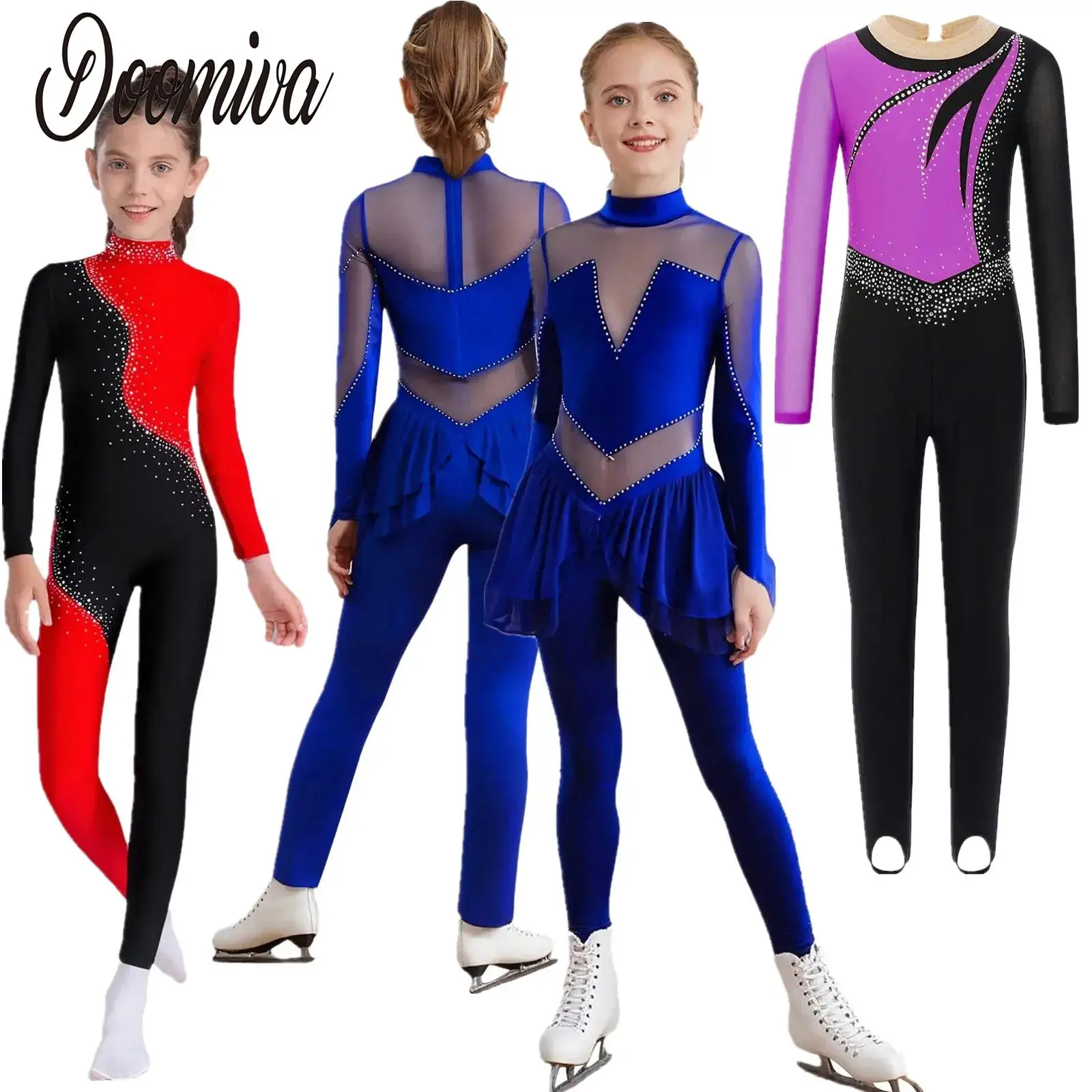 

Kids Girls Shiny Rhinestones Ballet Dance Unitards Jumpsuit Figure Skating Gymnastics Leotards Dance Acrobatics Bodysuit Costume
