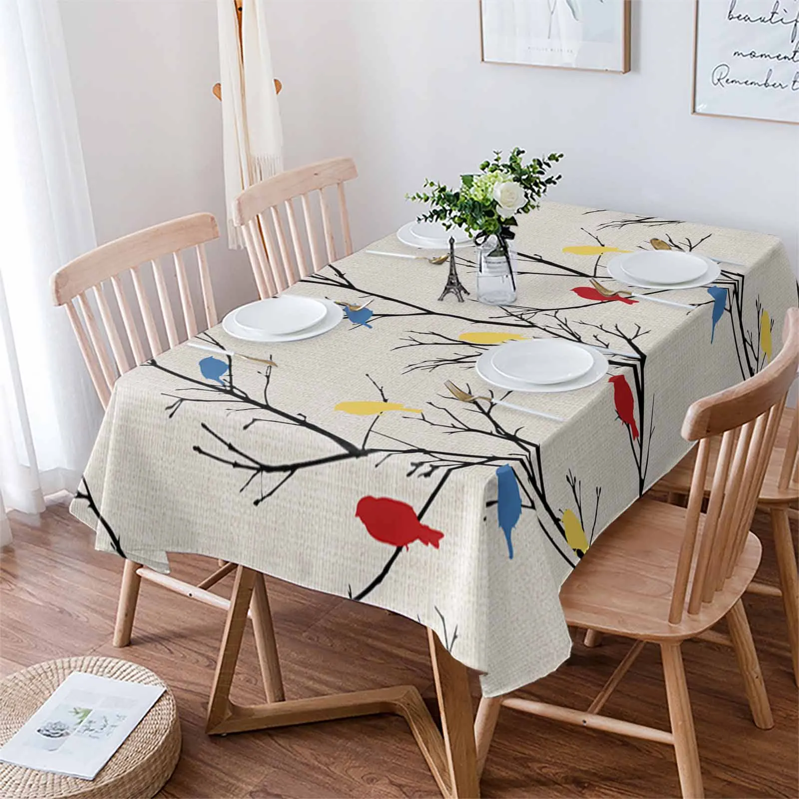 Branch Birds And Animals Waterproof Tablecloth For Table Kitchen Decorative Coffee Cuisine Party Table Cover