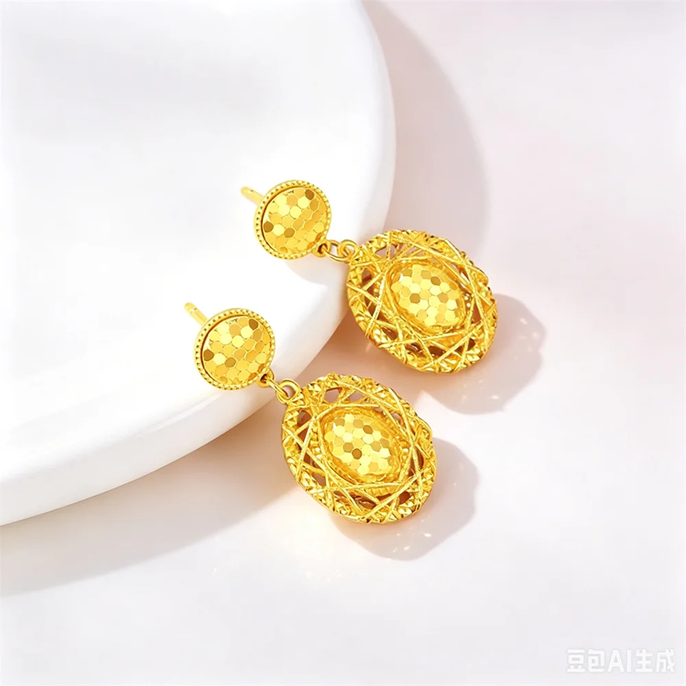Honeycomb Pigeon Egg Stud Earrings for Women, Authentic 24K AU999 Gold, Mini Pigeon Egg Design, Delicate Workplace Daily Jewelry