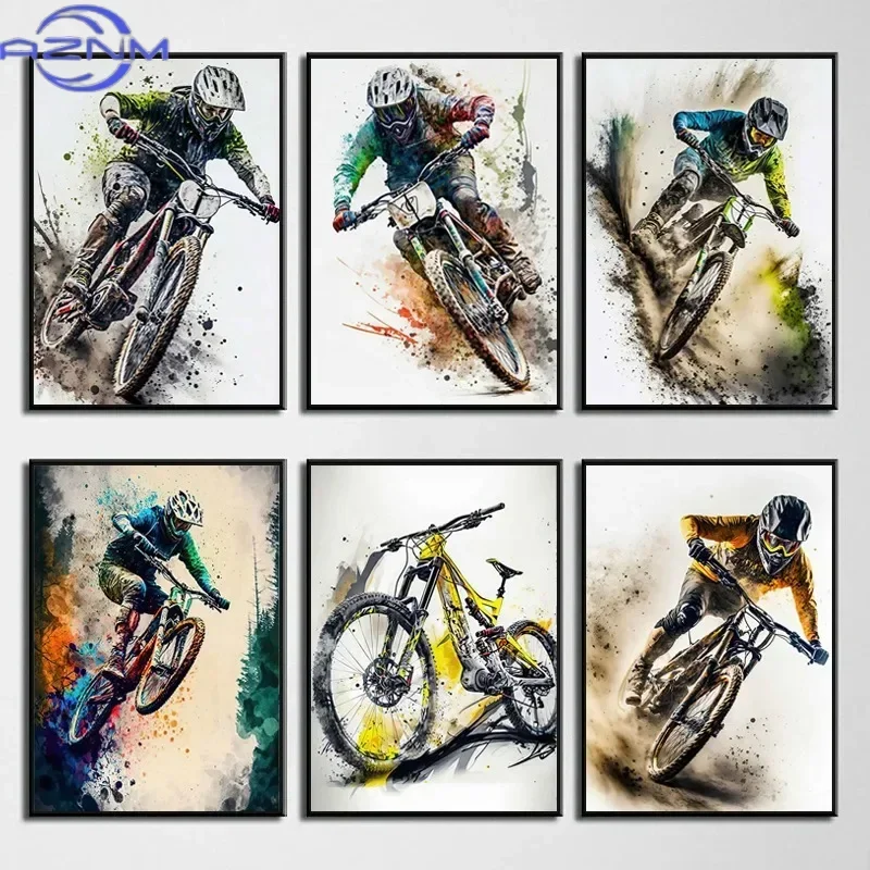 Watercolor Downhill Mountain Bike Wall Art Canvas Painting  Bicycle Nordic Posters  Prints for Room Home Decor Sports Theme W