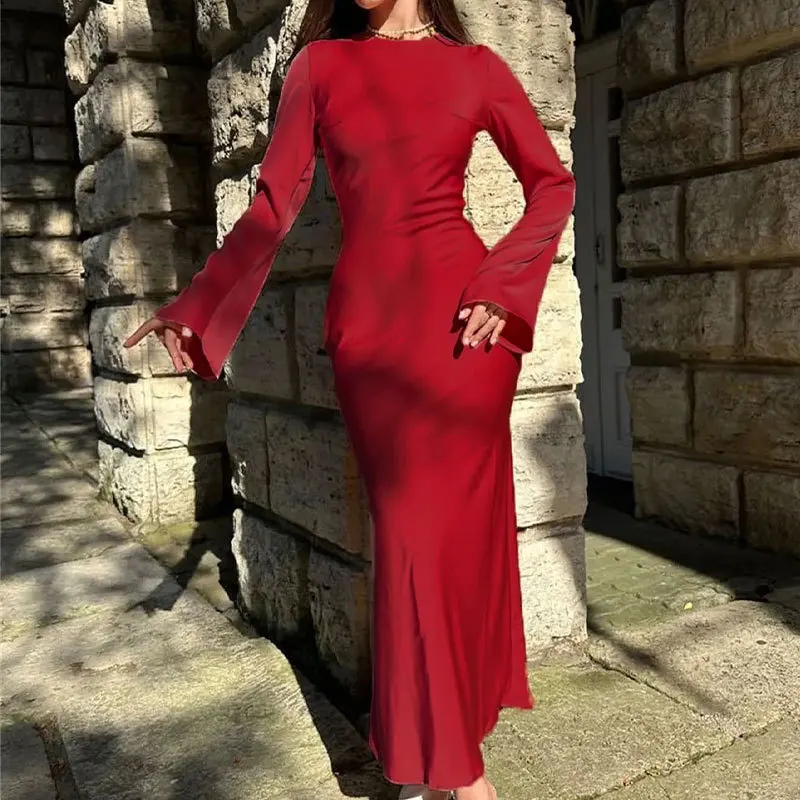 Women's Fashion Slim Fit Maxi Dress Long Sleeve High Waist Elegant Solid Color Party Dress Casual Luxury Women's Autumn Dress