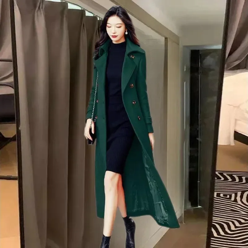 

2023 New Women's Spring Autumn Winter Woolen Coat Slim Long Over The Knee Lining Woolen Windbreaker Outerwear Match Belt Female