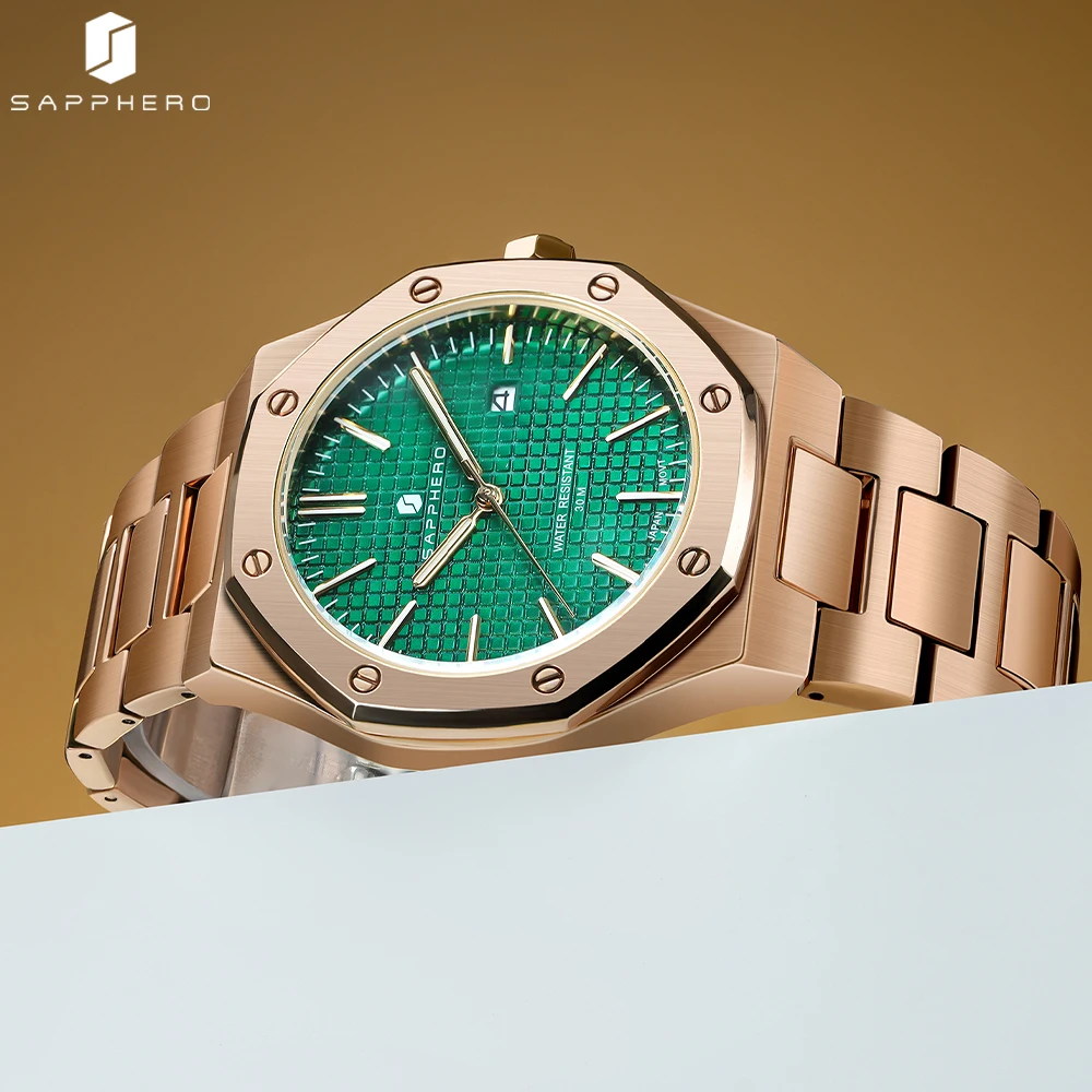 SAPPHERO jam tangan baja tahan karat pria, arloji gaya 2024 mewah tahan air 30M quartz gerakan kasual bisnis untuk pria