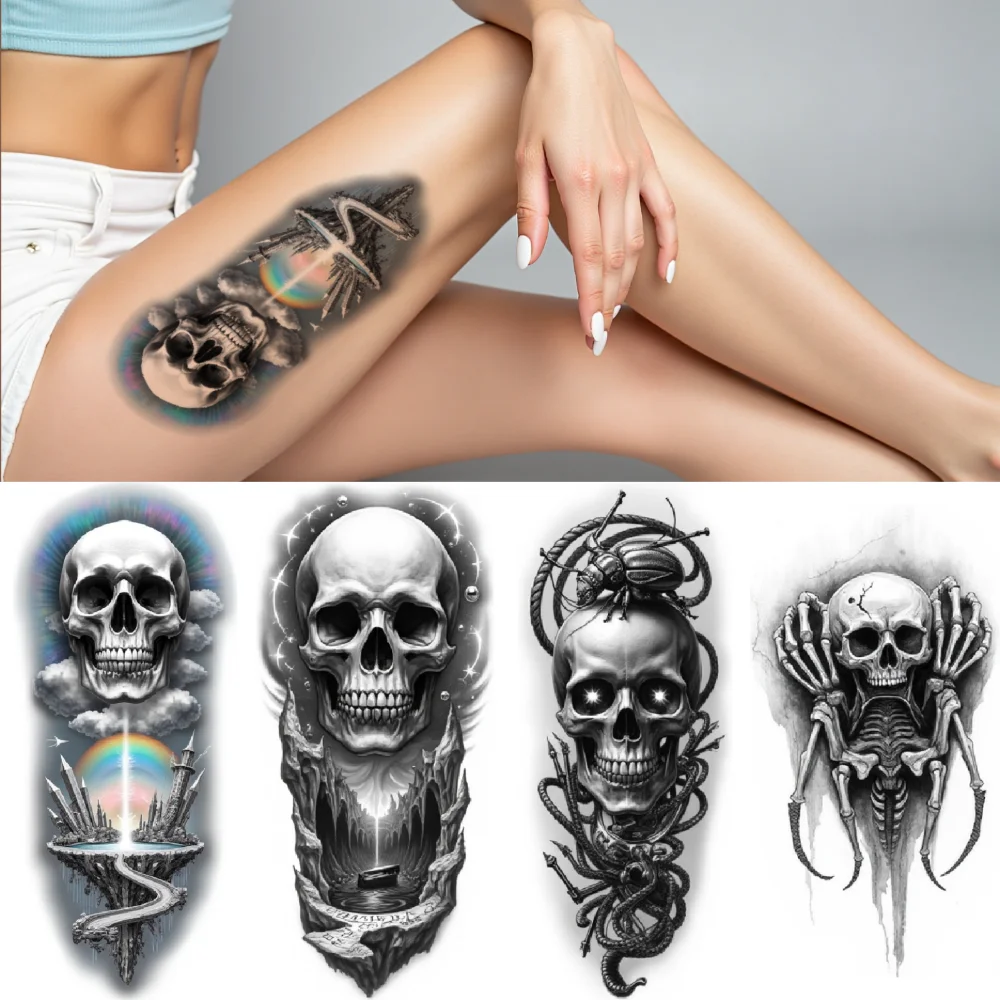 

3pcs Temporary Tattoo Waterproof Long-lasting Body Stickers Tattoo Skull Crow Skeleton Skull And Rainbow For Thighs Arms Men