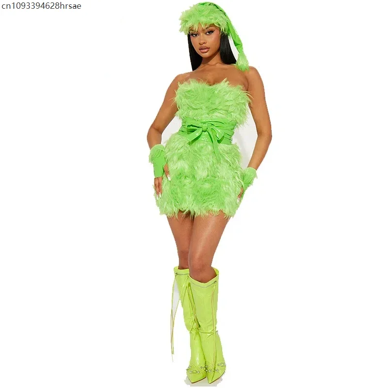 

Women Sexy Furry Christmas Dress Outfit Green Furry Santa Monster Adult Halloween Costume