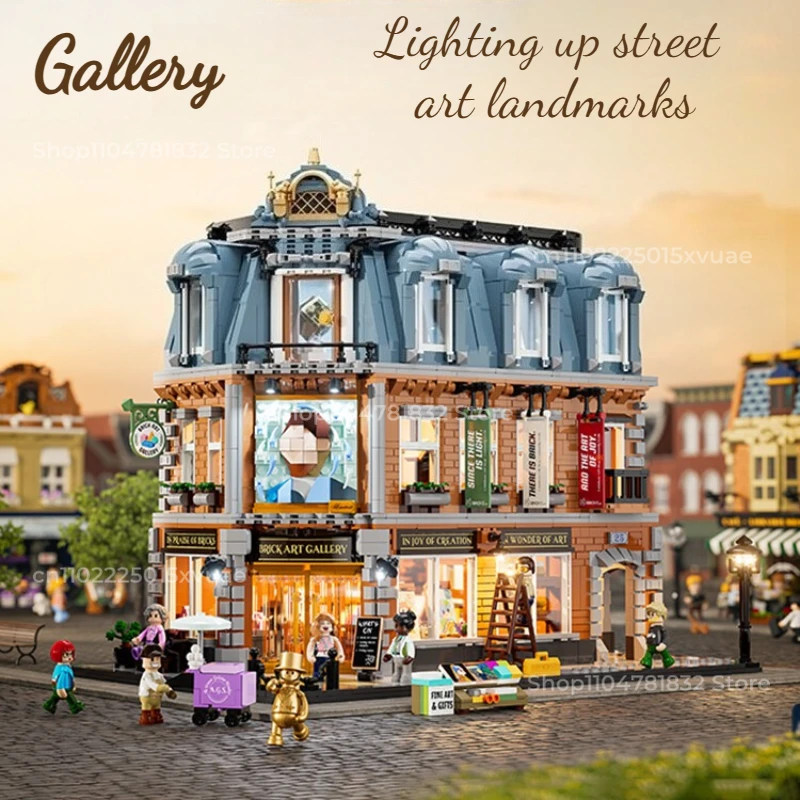 

New Small Town Building Block Art Gallery Street View City Building Light Block Assembly Gift Full Print Model Collect Gifts