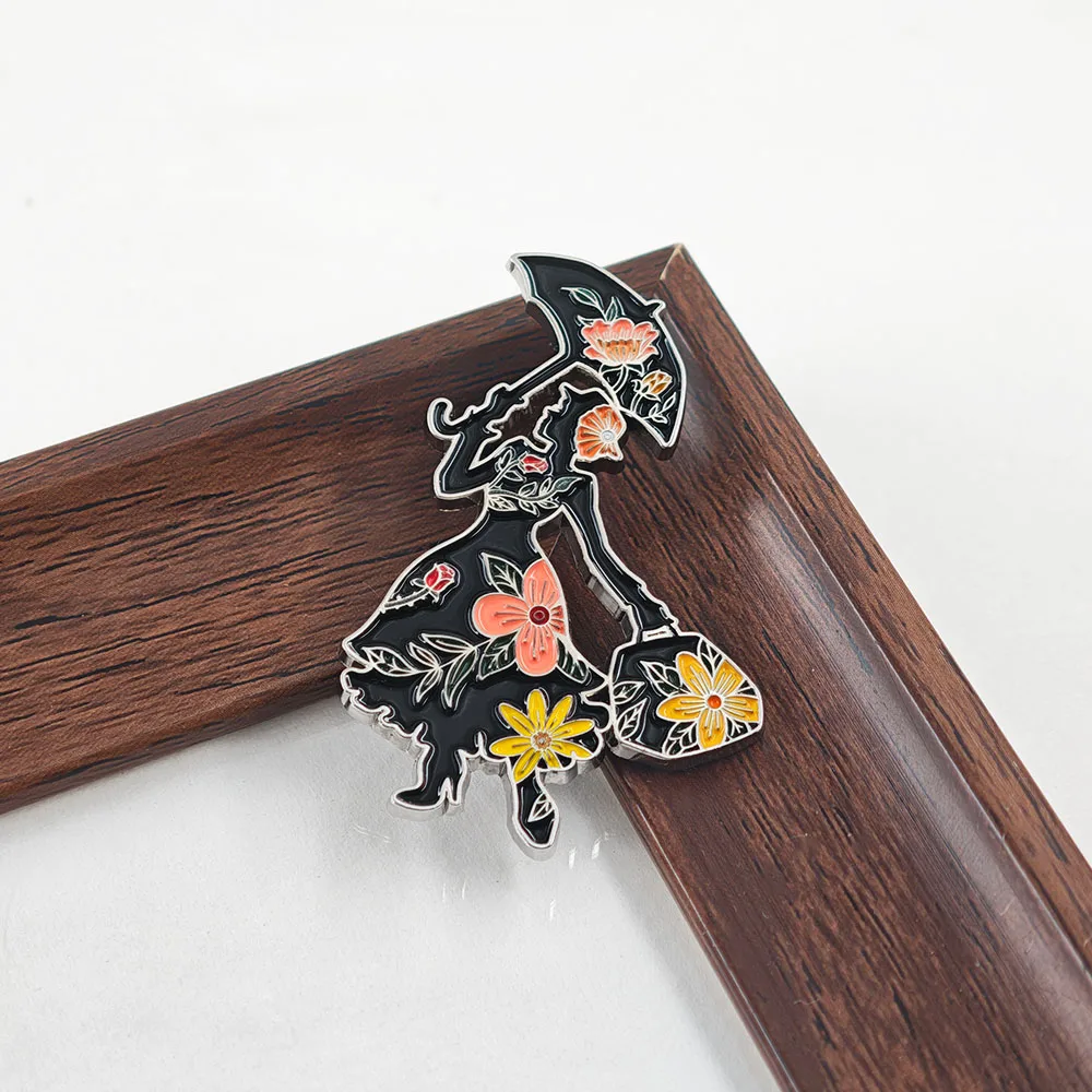 Mary Poppins Emaille-Anstecknadel Klassische Fliegende Regenschirm-Brosche Vintage Silhouette Blumen-Abzeichen Magische Nanny-Anstecknadeln Rucksack-Fans Geschenk – Detail 6