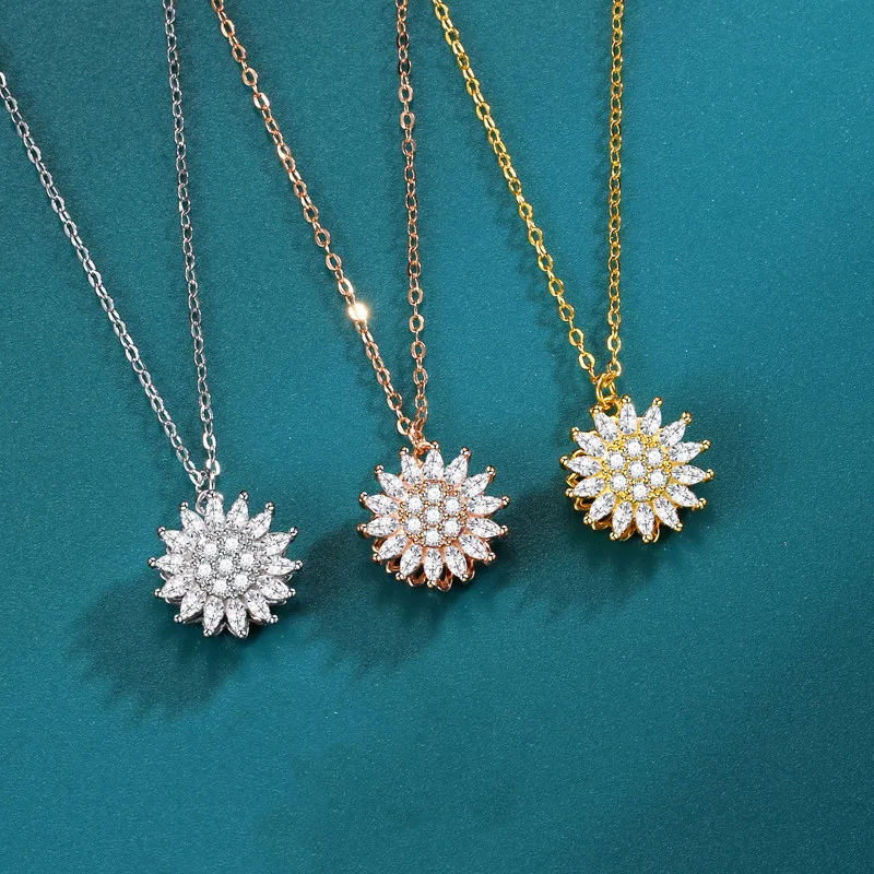 

Korean S925 Silver Sunflower Necklace - Sparkling Rotating, Micro-Pave Lucky Pendant