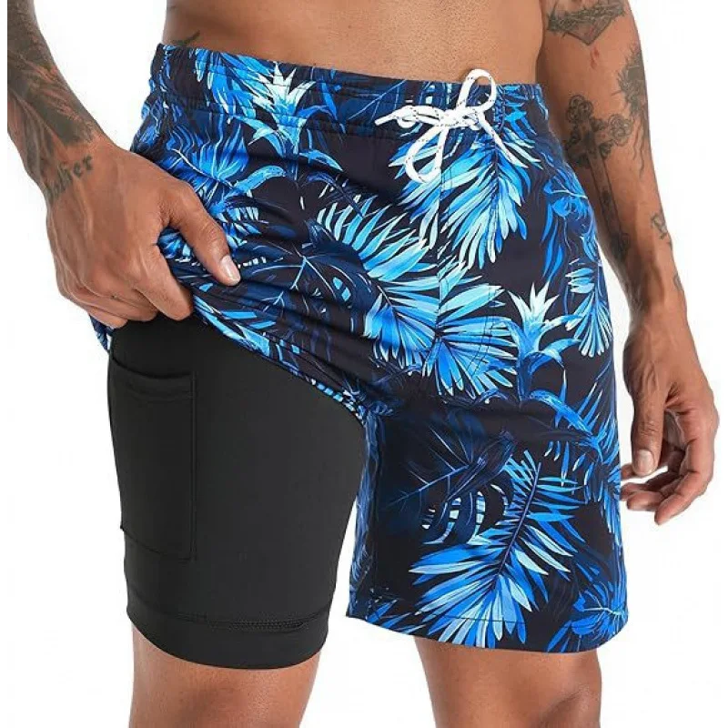 Men Quick Dry Drawstring Elastic Waist Beach Board Shorts Pockets Summer Surfing Swimming Casual Vacation Short Pants