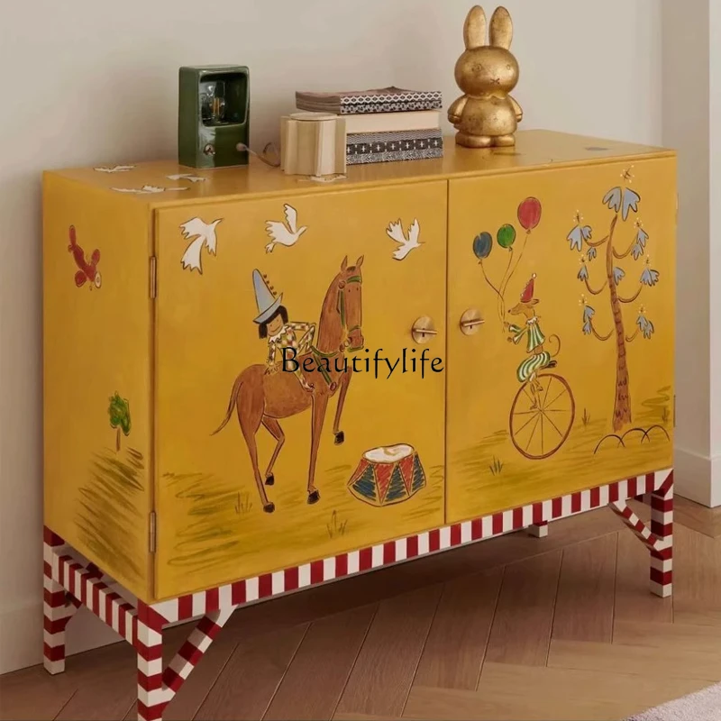 

Medieval American solid wood painted decorative cabinet entrance retro storage bright door cabinet