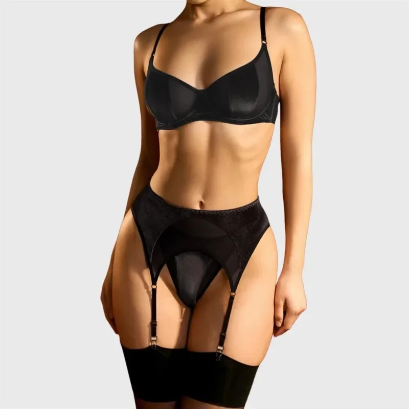 Elegant Women's Lingerie Sets Preimium Velvet Patchwork Bra Belt Thong Stockings Sensual Hot Tempted Women's Intimates