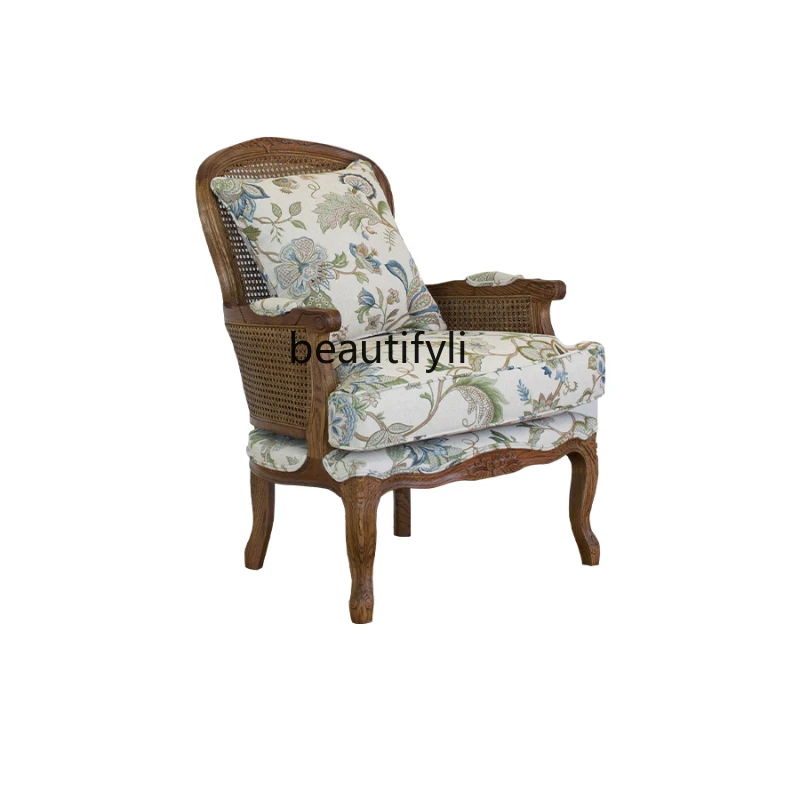 American Country Solid Wood Jacquard Cailco Single-Seat Sofa Chair Vintage Rattan Armrest Balcony Leisure Chair Dragon Chair