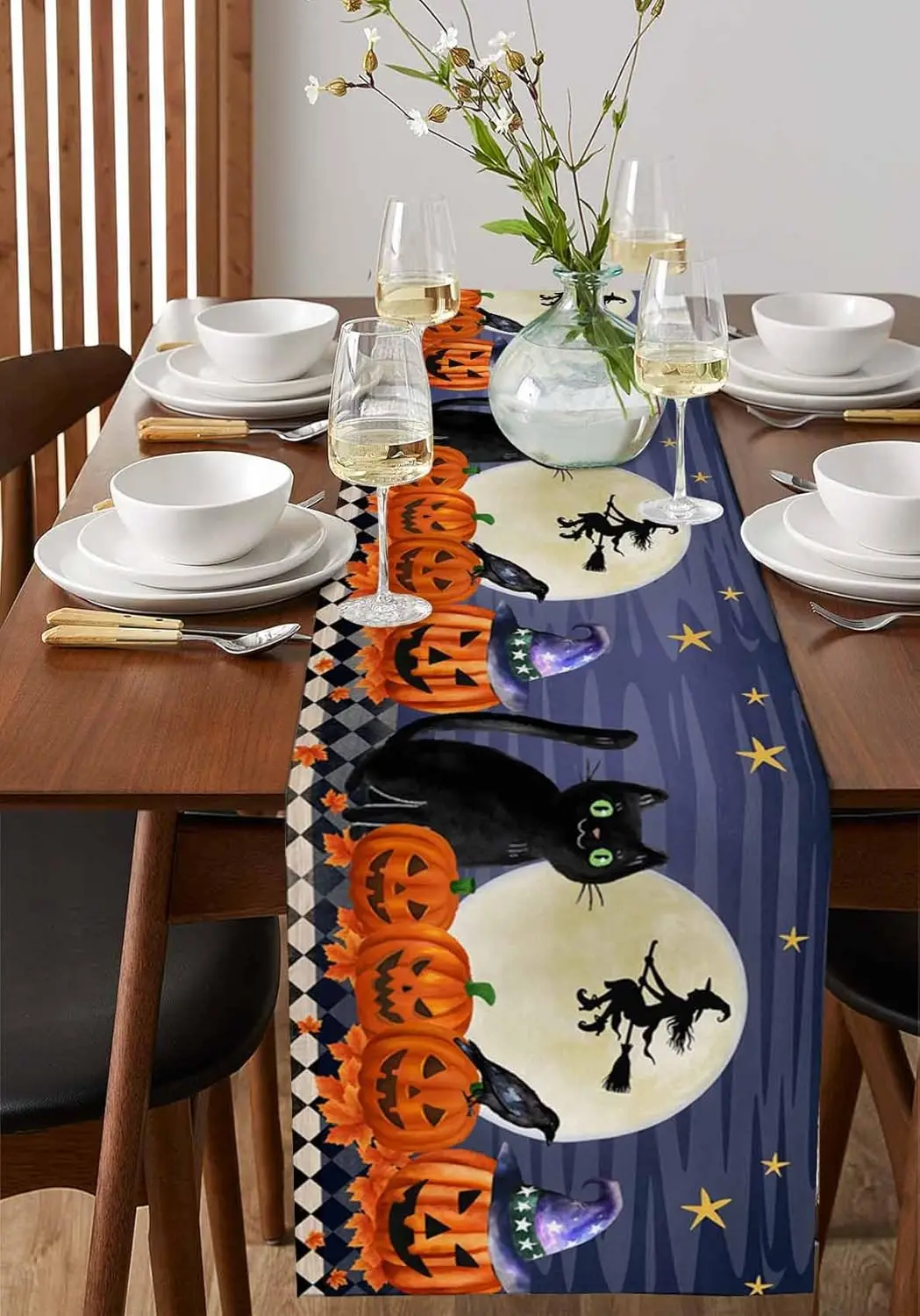 Halloween Black Cat Pumpkin Table Runner Home Decor Halloween Witch Moon Star Kitchen Dining Table Runners Holiday Party Decor