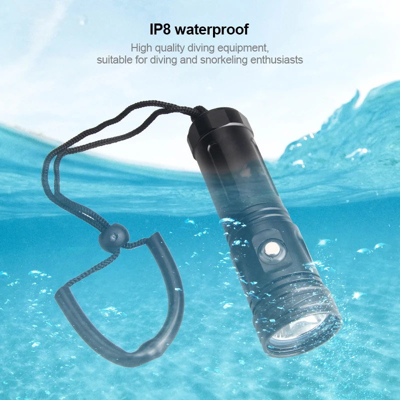 Super bright Diving Flashlight IP8 highest waterproof rating Professional diving light Powered by 26650 battery With hand rope