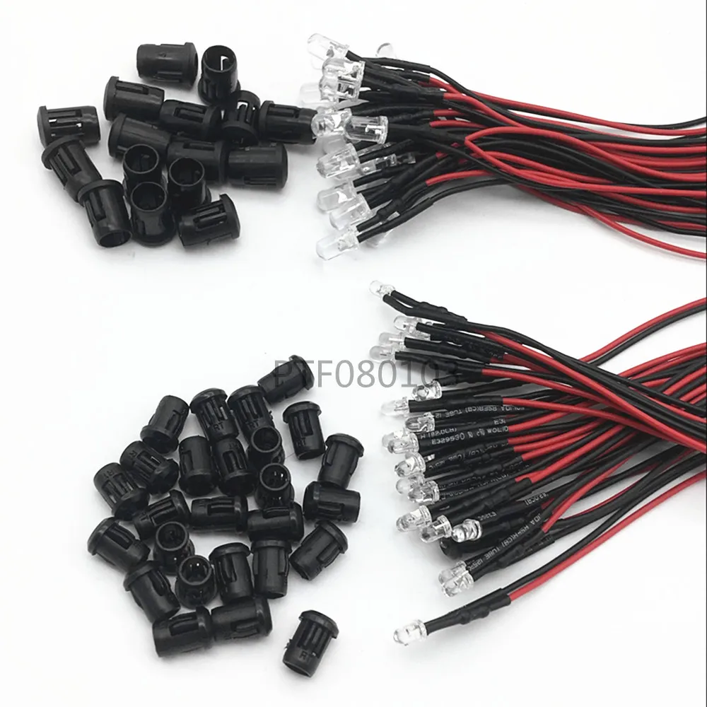 Conjuntos de 20 a 100 peças de led redondos com suporte de plástico 3mm/5mm, vermelho/verde/azul/rosa/amarelo/uv/rgb 3v-12v