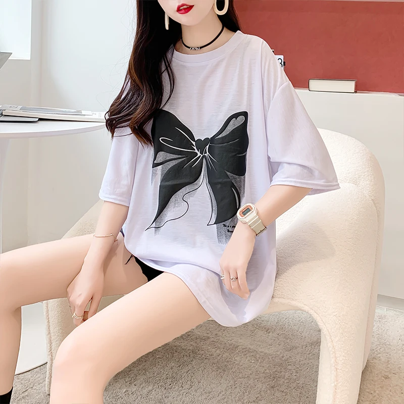 

Korean version loose fitting medium length short sleeved T-shirt for women's summer trendy and age reducing versatile top