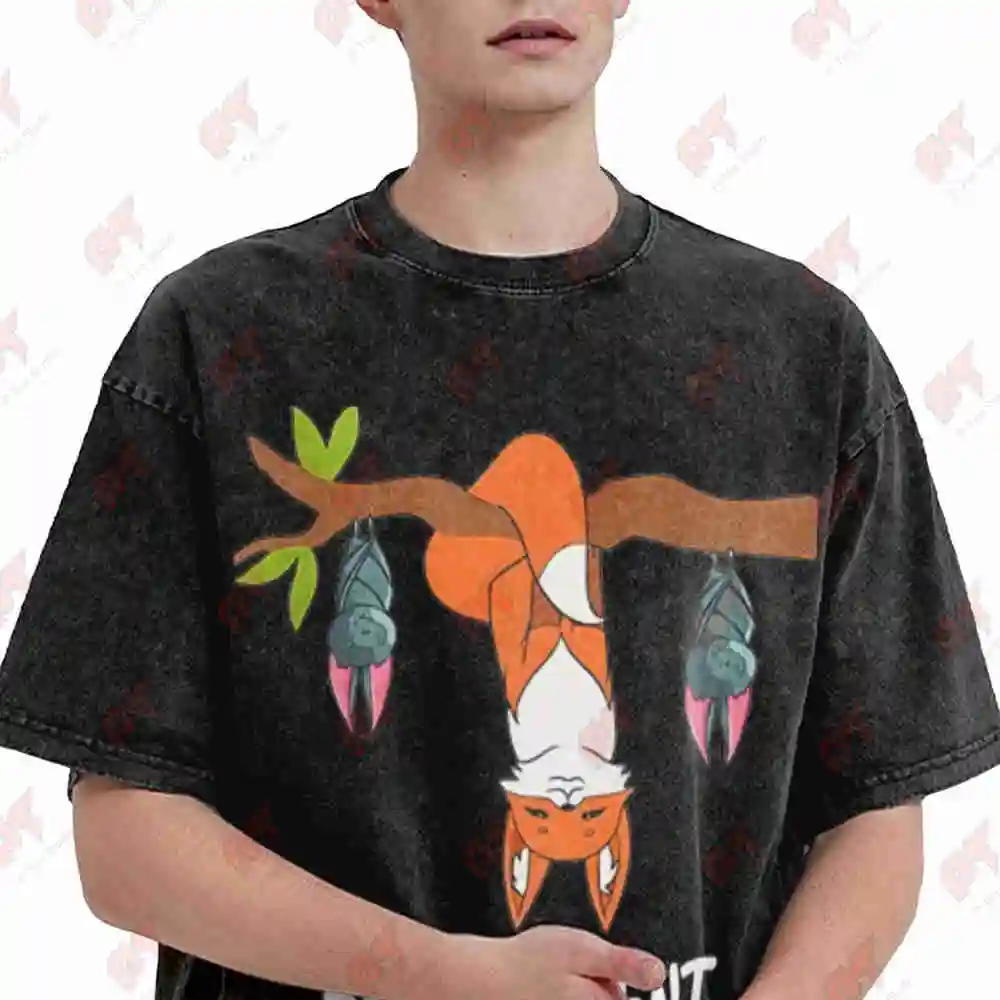 Be Different Cute Fox With Bat Vintage Washed Tee Pure Cotton T-Shirt