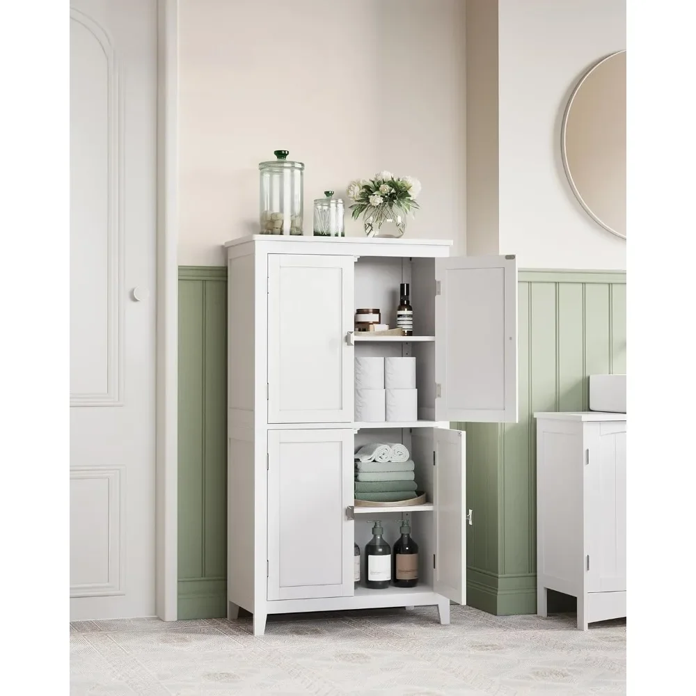 Bathroom Floor Storage Cabinet, Bathroom Storage Unit, Freestanding Cabinet with 4 Doors, Adjustable Shelves