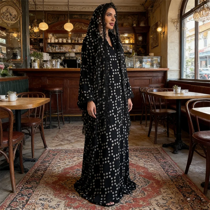 

Ramadan Dubai Abaya Muslim Woman Dress Hijab Robe Turkey Kaftan Eid Kebaya Caftan Marocain Femme Jalabiya Polka Dot Djellaba New
