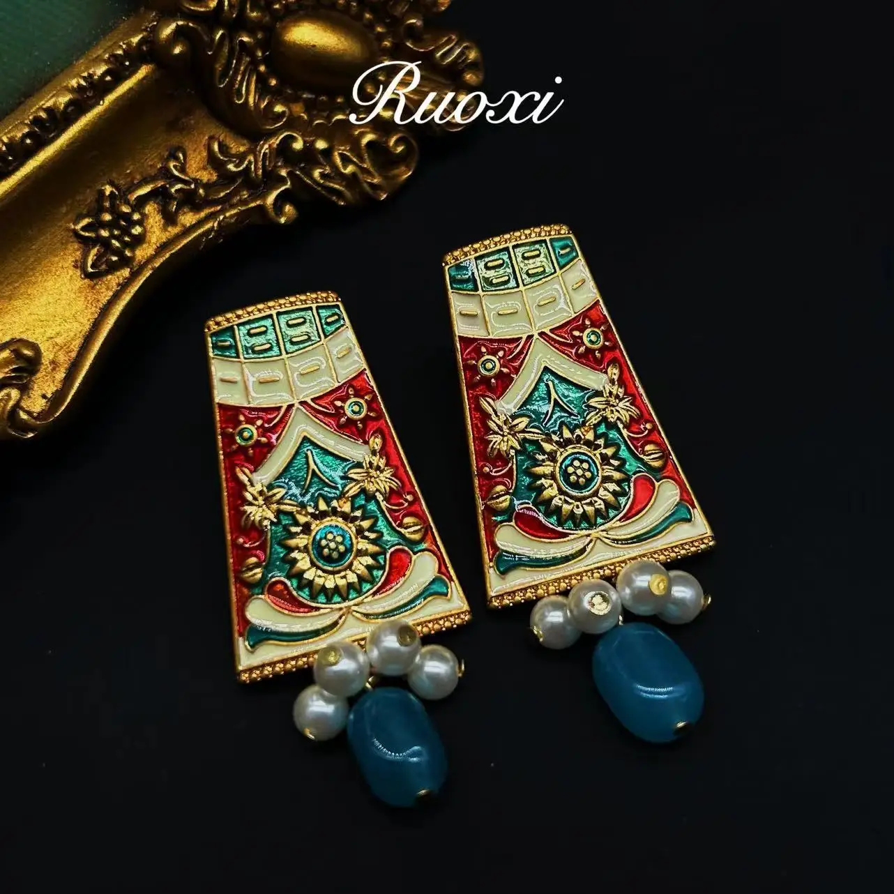 Medieval Vintage New Chinese Tassel Agate Enamel Classic Fashion Pearl Antique Court Earrings