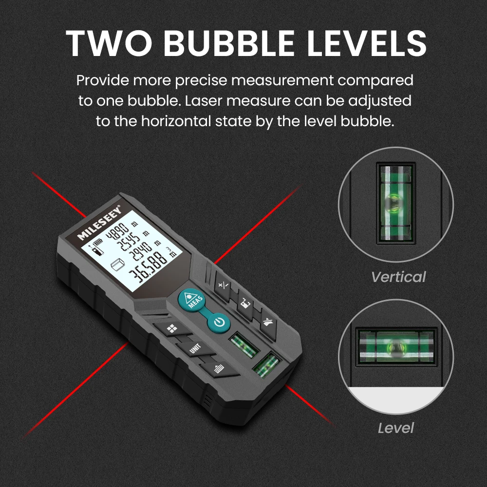 Mileseey D2 Distance Laser Meter, 40M 120m Digital Trena Measurement Instrument,Double Level Bubbles, Range Finder For Home