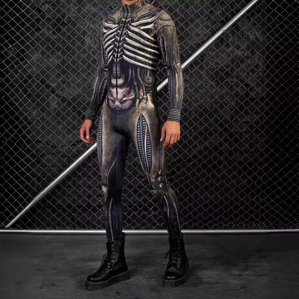 

Men Women Skeleton Muscle Cosplay Cyber Armor Punk Jumpsuits Printing Zentai Bodysuit Costume Halloween Party Performance Suit