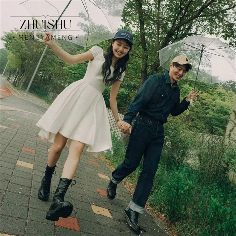 Short Sleeves Square Neck Short Wedding party Dresses Korea Photo shoot Bride Gowns Mini Satin Bride Reception Customized