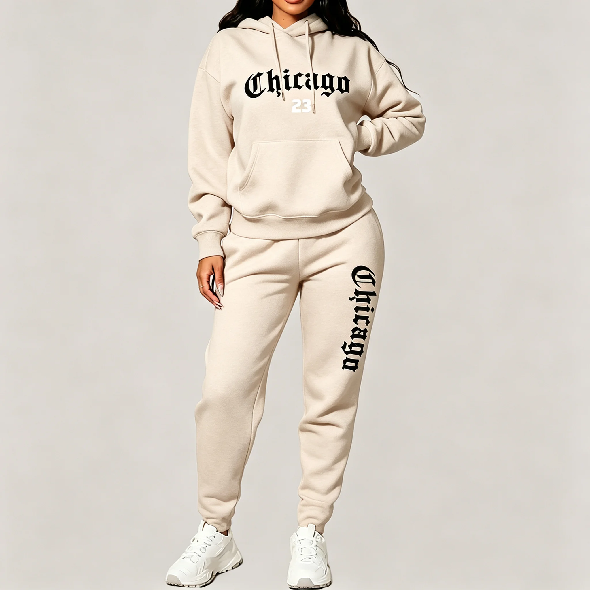 Women's Sets Hoodies Pants 2 Piece Outfits Aesthetic Sportswear Sweatsuit Chicago Graphic Letter Print Plus Size Pink Tracksuit view 4