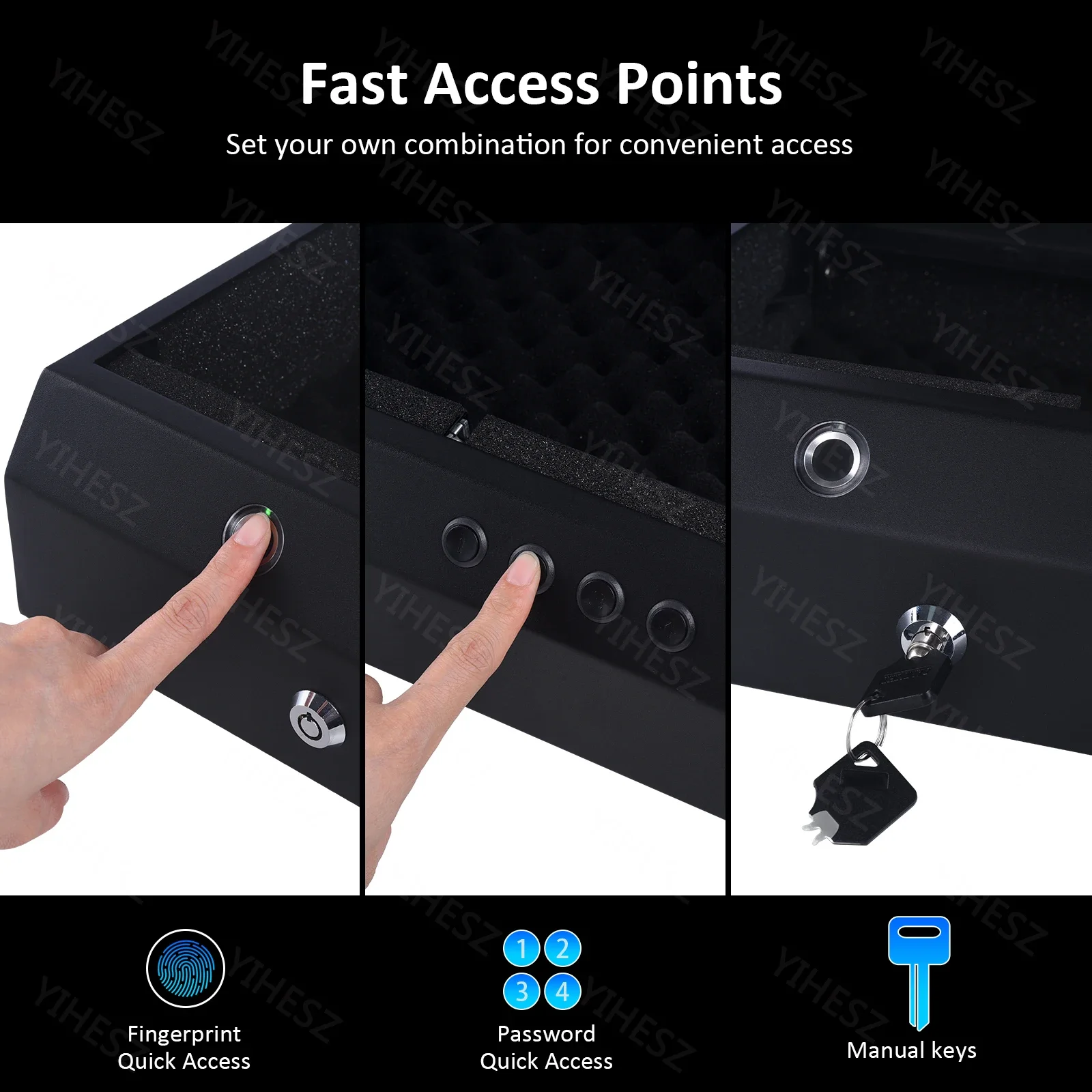 Imagem -02 - Safe Deposit Box For Weapon Biometric Fingerprint Senha Key Desbloquear Solid Steel Pistol Safe Cofre