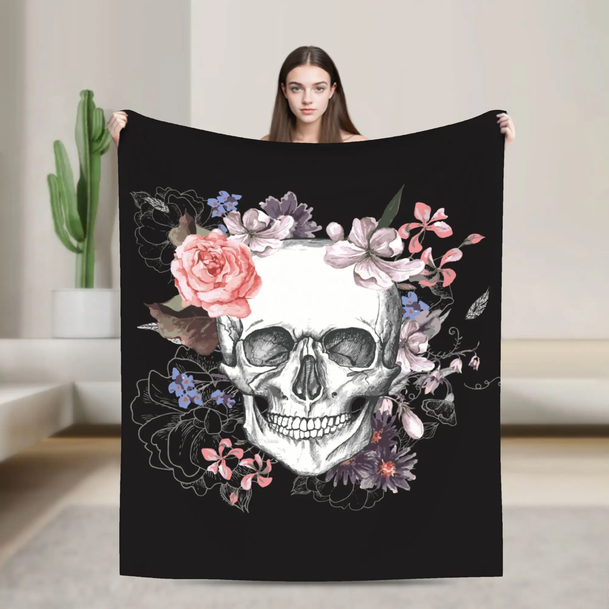 Floral Skull Vintage Blanket Cover Flannel Day of the Dead Super Warm Throw Blankets for Airplane Travel Bed Rug