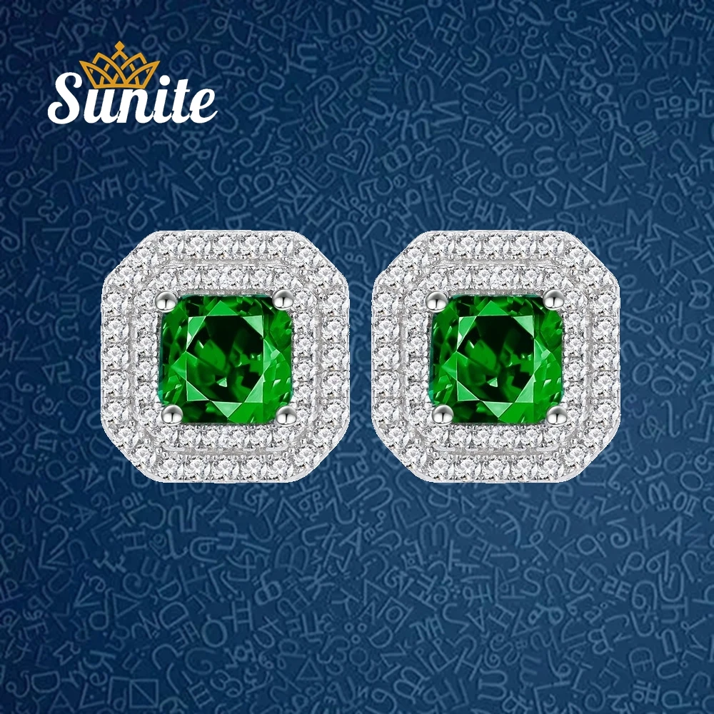 Sunite 2.0ct Emerald Square Stud Earrings for Women Lab Emerald Wedding Jewelry Engagement Gift Forever Love Fine Jewelry