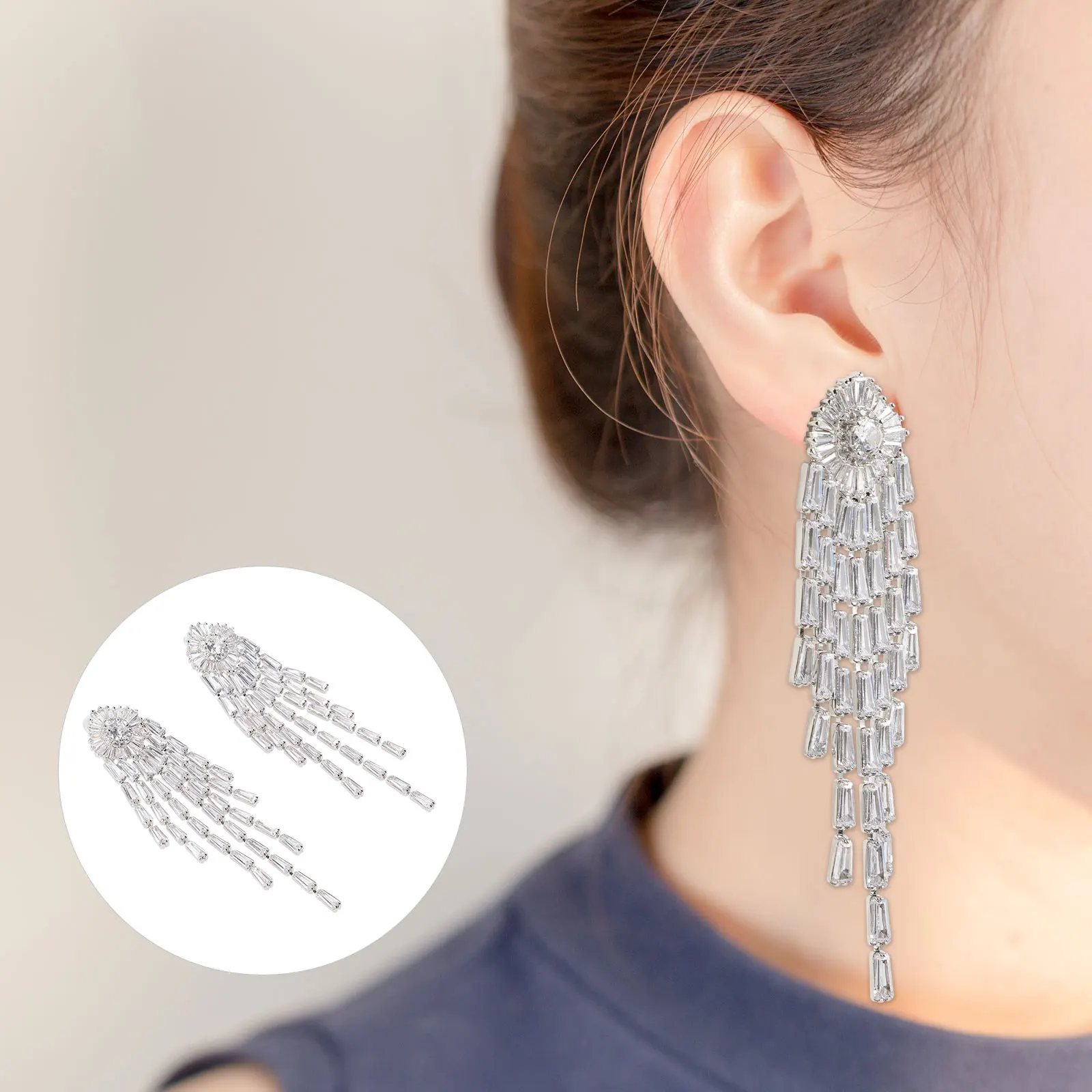 

1 Pair Long Tassel Zircon Dangle Earrings For Women Girls Elegant Drop Ear Jewelry Party Wedding Wear Accessory