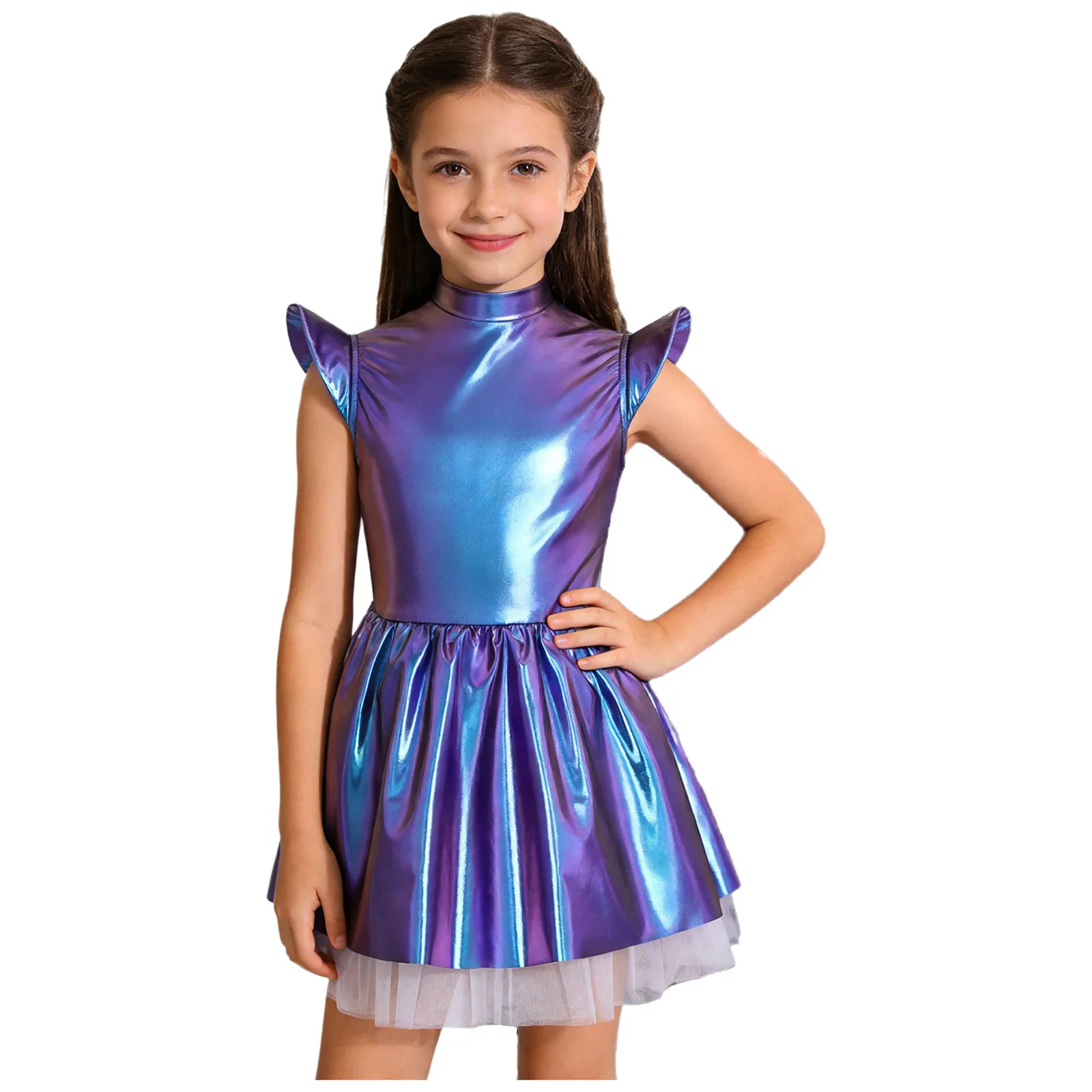 ชุดเดรสเด็กผู้หญิงธีมเอเลี่ยน แต่งกายแฟนซี ผ้ามันวาวสีรุ้ง คอเต่า แขนบานระบาย กระโปรงบัลเลต์ สำหรับงานปาร์ตี้และการแสดงบนเวที