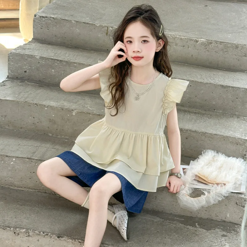 

Girls' Summer Fashionable 2025 New Fly Sleeve Solid Color Breathable Doll Shirt