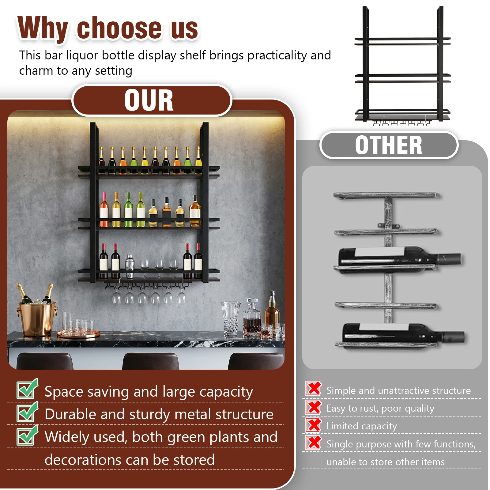 

Настенная 3-ярусная металлическая подставка для вина с держателями для бокалов для кухни, дома, столовой, гостиной