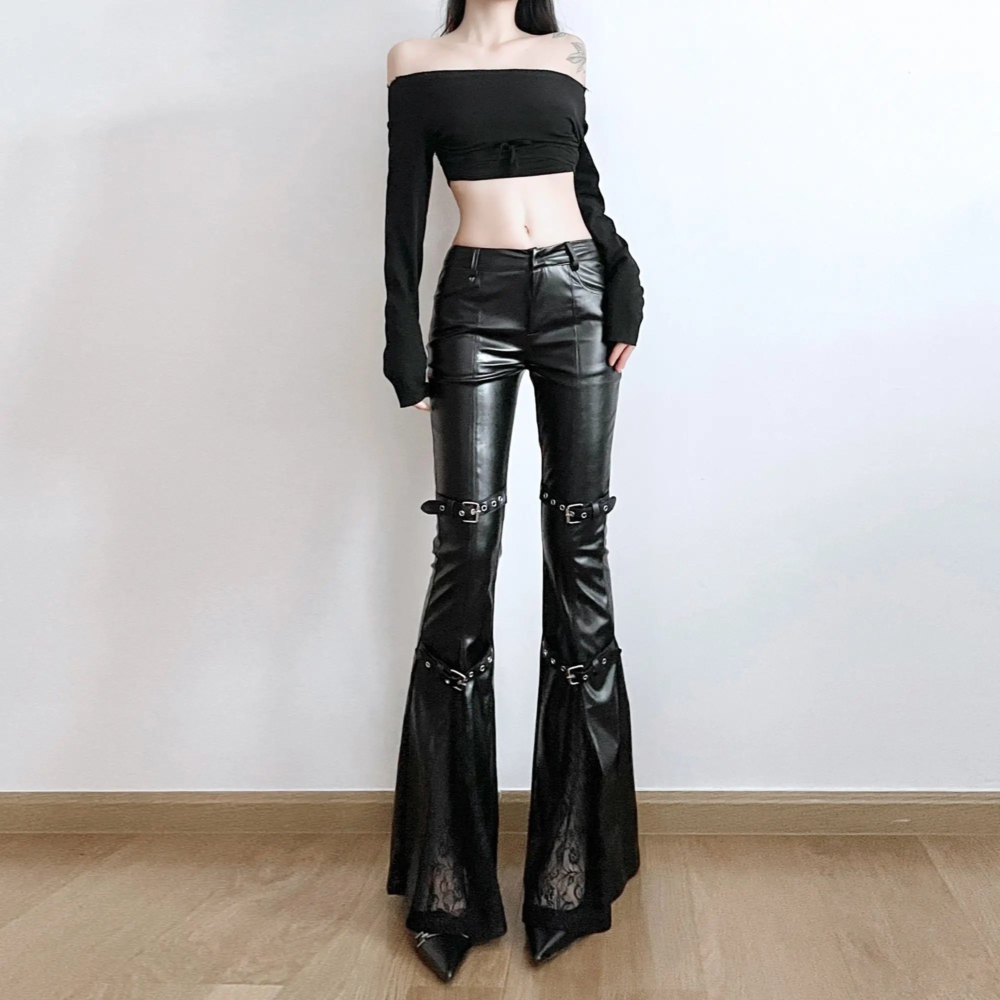 Lace Patchwork Lace-up High Street Hot Girl Leather Pants Fashion Handsome Street Personality Micro Flare Pants Female