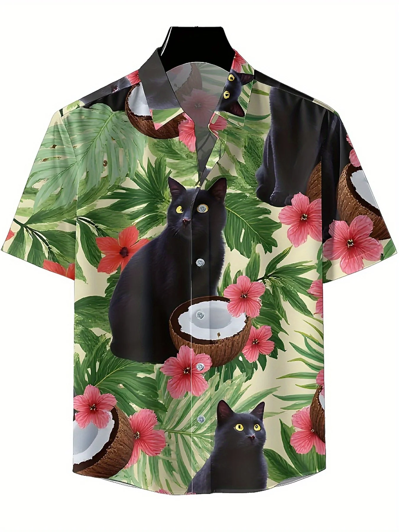 ชายเสื้อฮาวายขนาดบวก Tropical Black Cat มะพร้าวดอกไม้รูปแบบ,เสื้อแฟชั่นฤดูร้อนใหม่,Hip Hop Streetwear