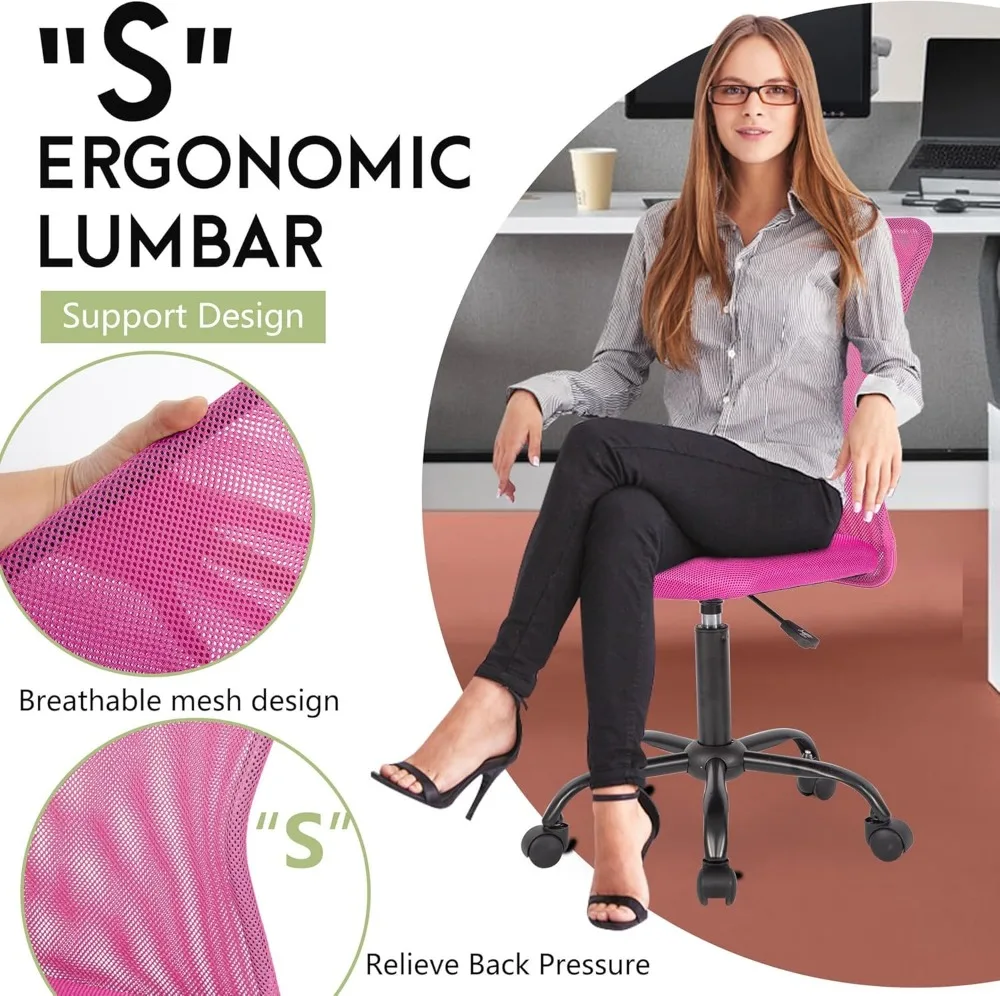 كرسي مكتب شبكي مريح مع دعم قطني، تصميم بدون ذراع، دوار دوار - وردي #6