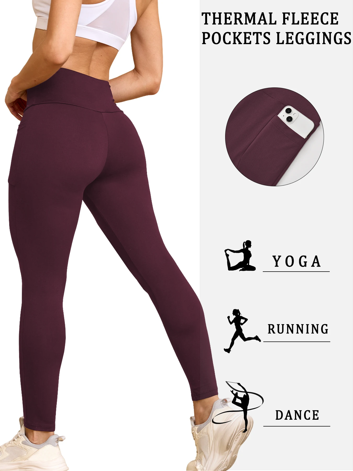 Women's Thick Thermal Leggings with Pockets - High Waisted Fleece Lined Tummy Control Winter Warm Tights Workout Running Pants
