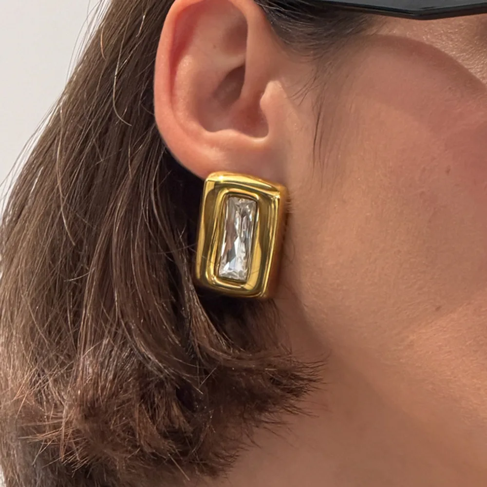 

PuRui New Trend Stainless Steel 18K Gold Plated Stud Earrings for Women Punk Rhinestones Geometry Big Earring Waterproof Jewelry