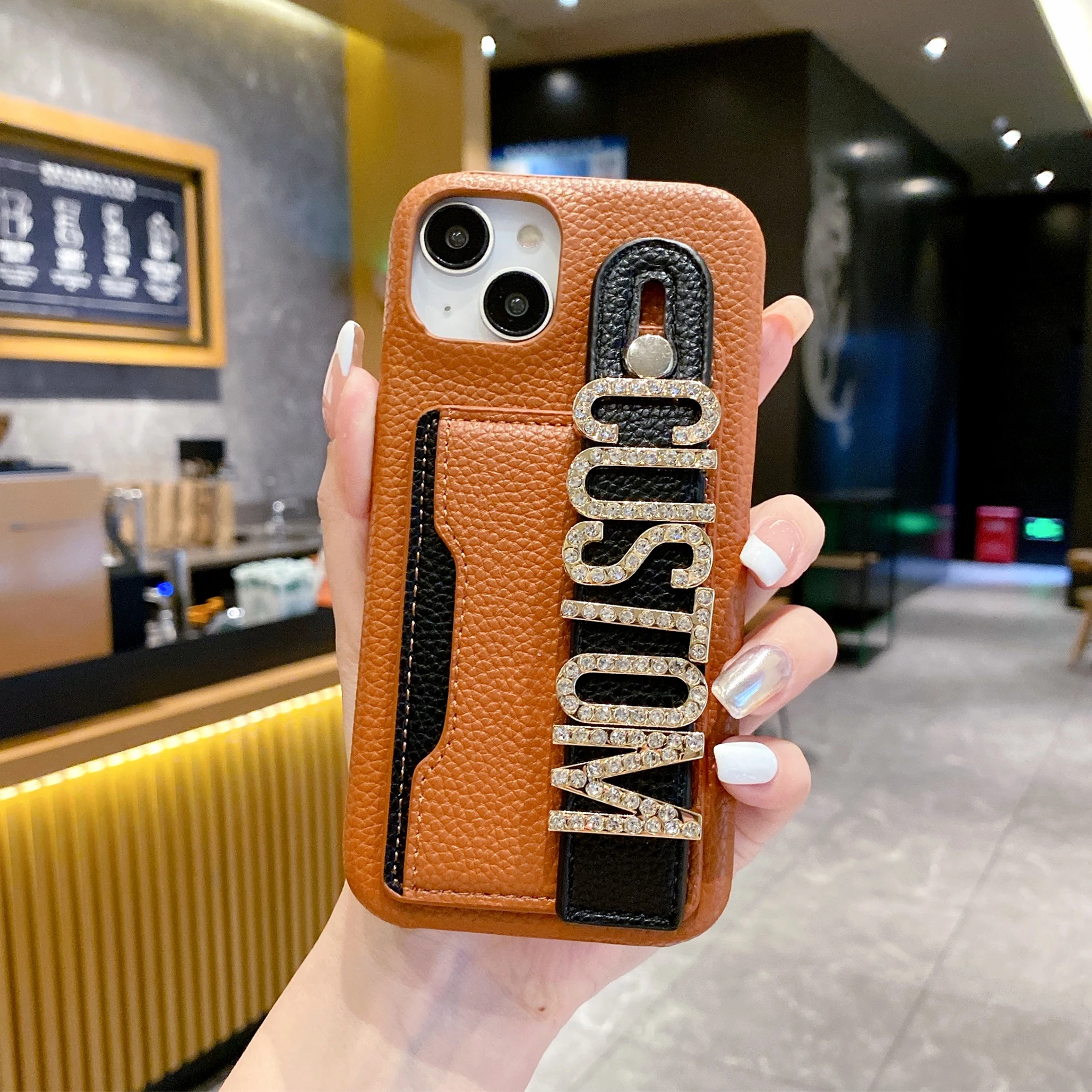 Personalized Letter Name Leather Phone Case For iPhone16 15 14 13 12 11ProMax 16Plus Customized Wristband CardHolder