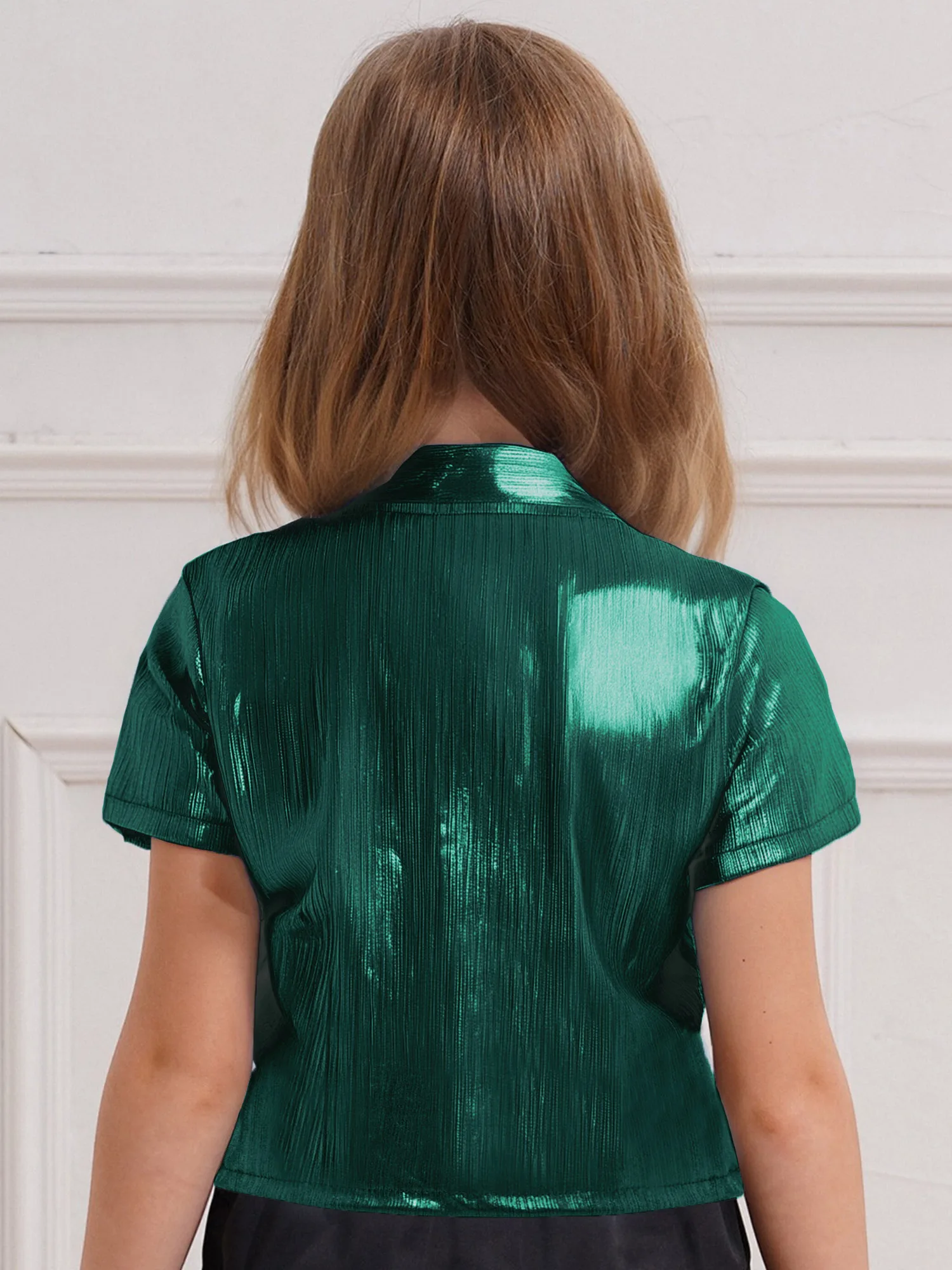Children Ribbed Short Sleeve T-shirt Disco Dance Performance Hip-Hop Clothes Fashion Girls Lace Up Tie T-shirts Metallic Tops
