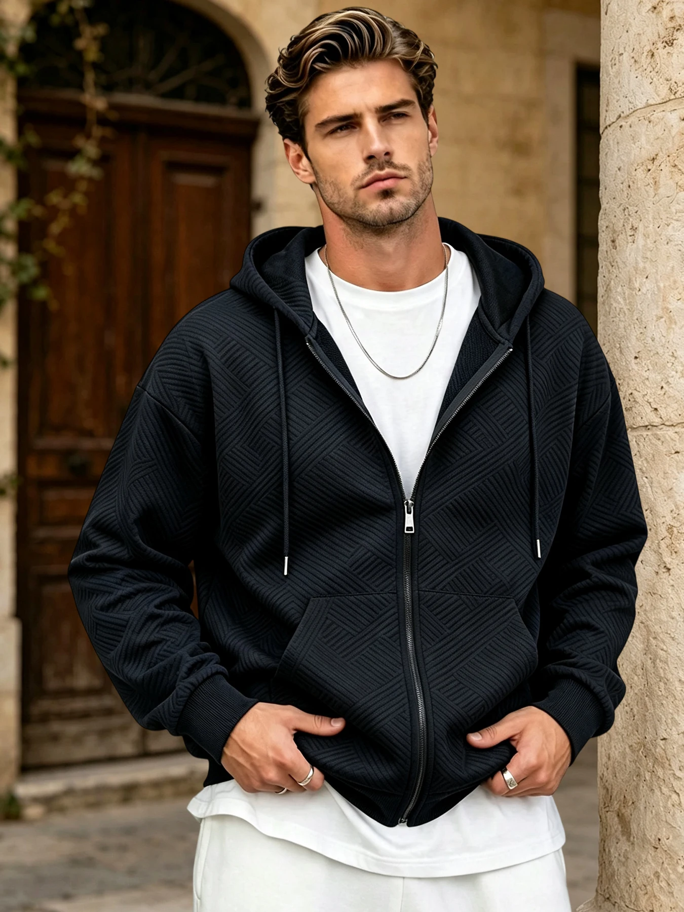 Spring Fall Men's Hooded Jacket Casual Full Zip Hooded Coat Geometric Texture With Pocket Casual Daily Wear