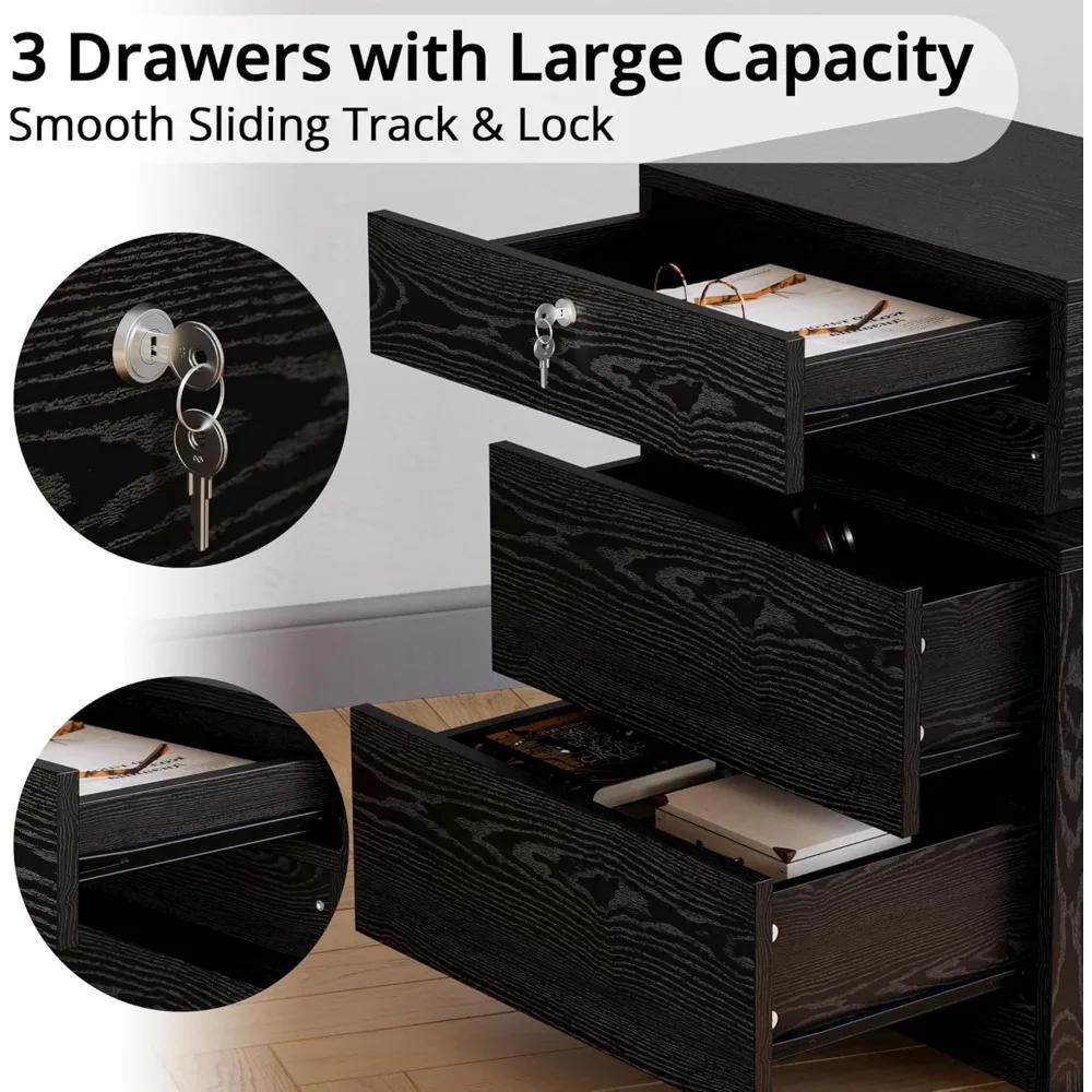 Comodino di ricarica illuminato a LED con contenitore, comodino con serratura a 3 cassetti, porte USB, dimensioni medie