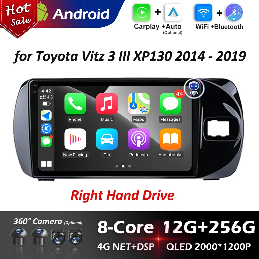 Wireless Carplay 9 '' Right Hand Drvie Android for Toyota Vitz 3 III XP130 2014 - 2019 GPS Navi Car Video Multimedia Player WiFi