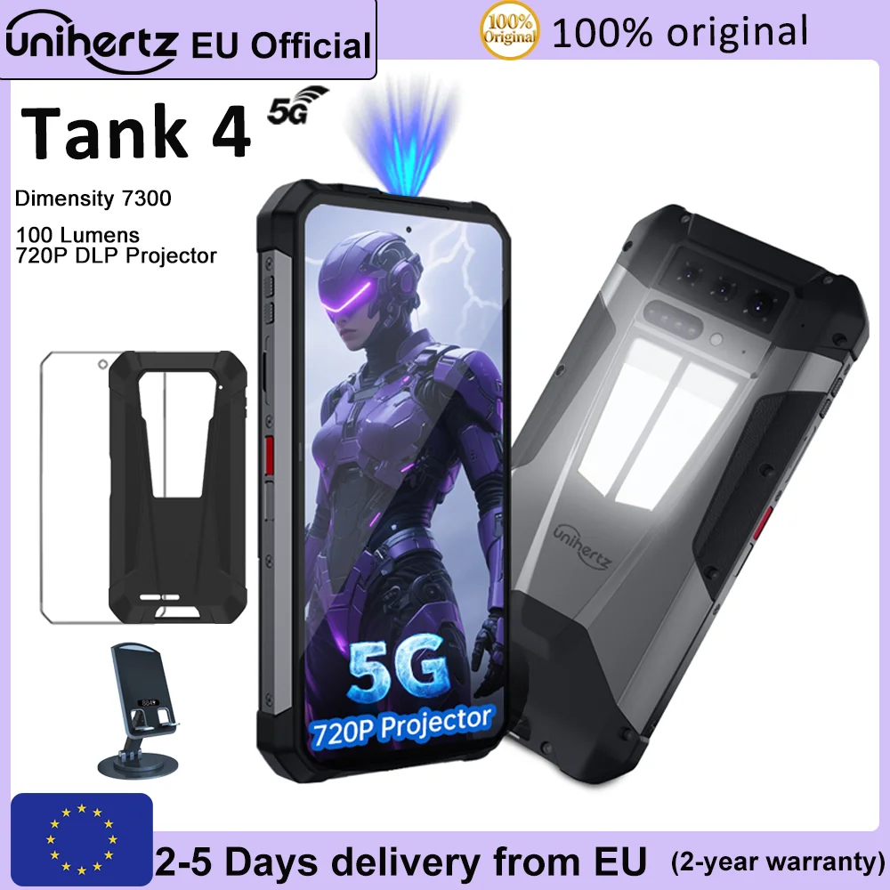 Smartphone Unihertz by 8849 Tank 4 5G avec projecteur 720P intégré, 24 Go de RAM, 512 Go de ROM, batterie 11600 mAh, processeur Dimensity 7300, écran AMOLED, Android 14