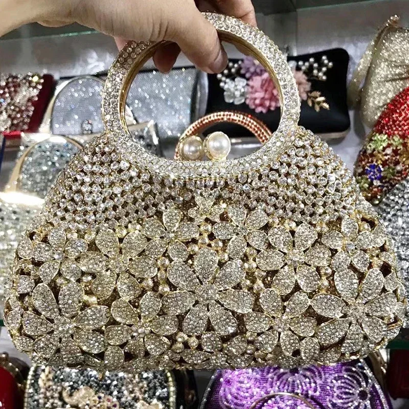 

Gold Metal Pearl Top-Handle White Crystal Clutch Bag High Quality Women's Flower Diamond Wedding Bridal Handbags Fashion Bags