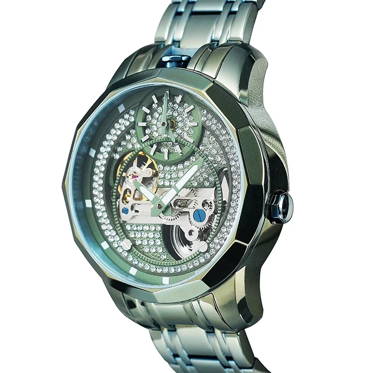 50M Waterproof Green Hollowed Out Automatic Watch Dual Movement Luminous Quartz Watches Stainless Steel Customize Watches