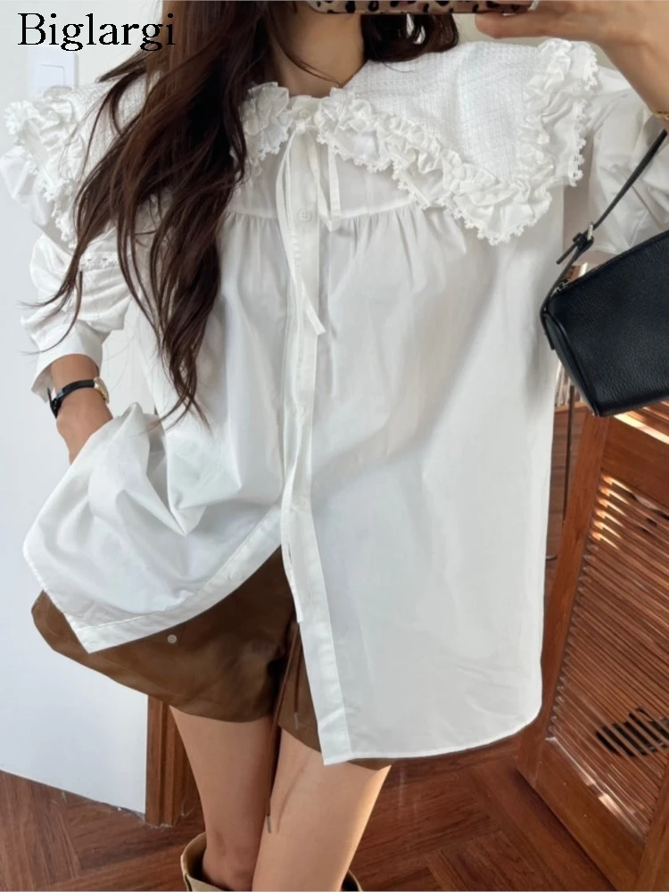 

Autumn Shirts Women Ruffle Pleated Patchwork Sweet Fashion Ladies Blouses Korean Style Loose Lantern Sleeve Woman Shirt