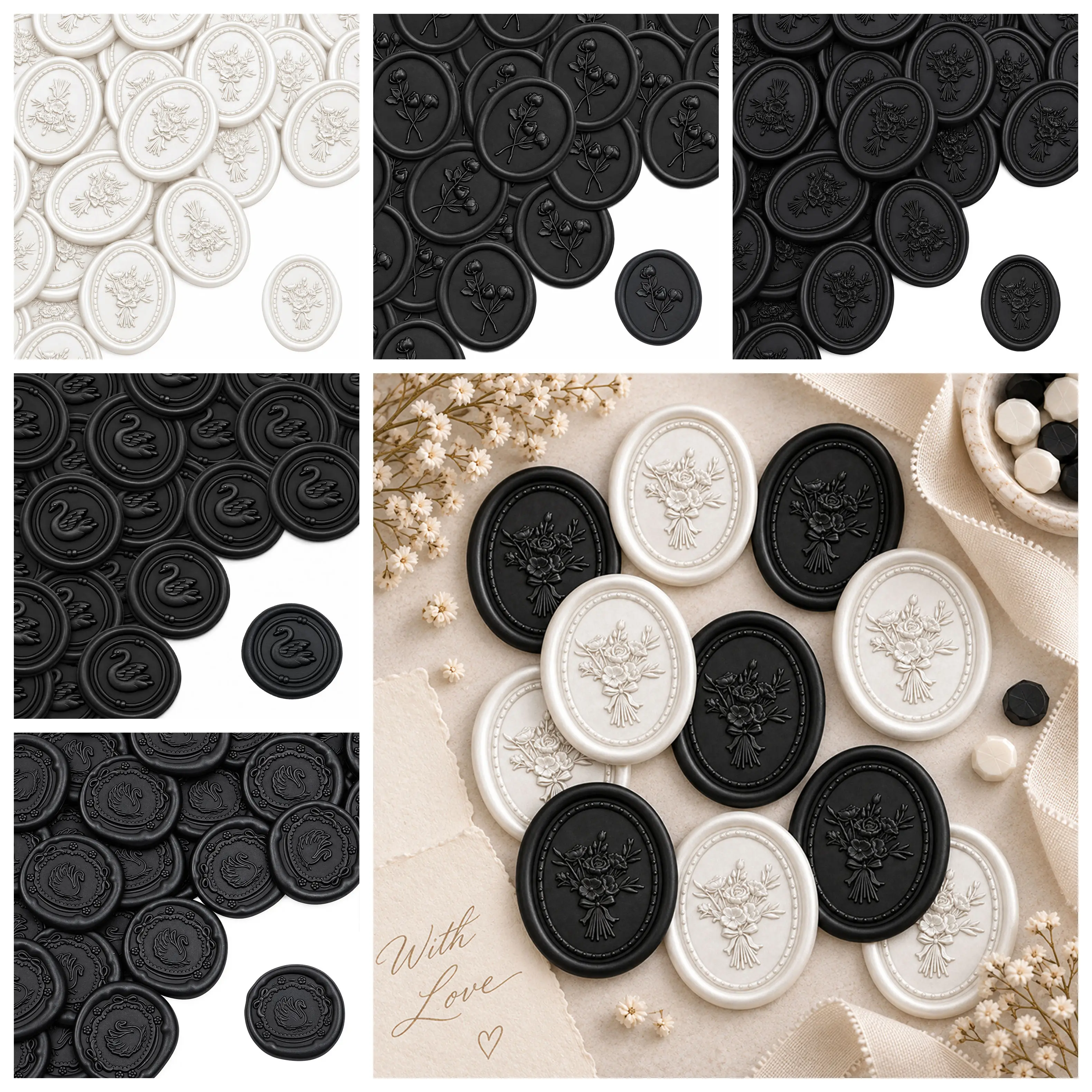 Black/White Wax Seal Stickers 3D Embossed Floral Swan Self Adhesive Seals for Wedding Envelopes Christmas Party Invites Decor